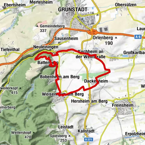 Circular route through vineyards and forest: Weisenheim am Berg - Bobenheim am Berg - Leiningerland - Dackenheim